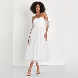 Lulus Divine Dreamer White Tulle Off-the-Shoulder Tiered Midi Dress size Small